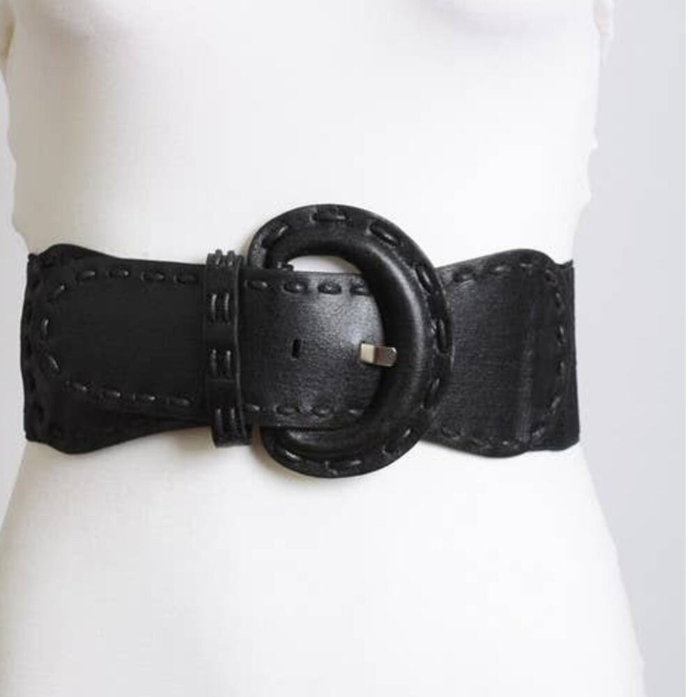 Distressed Wide Stitch Elastic Belt Western Boho Chic Style Black